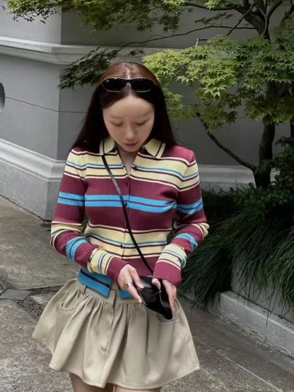 Knitted Contrast Color Striped Cardigans Women Single Breasted Thin Slim Long Sleeve Lapel Female Sweater 2025 Autumn Basic Top