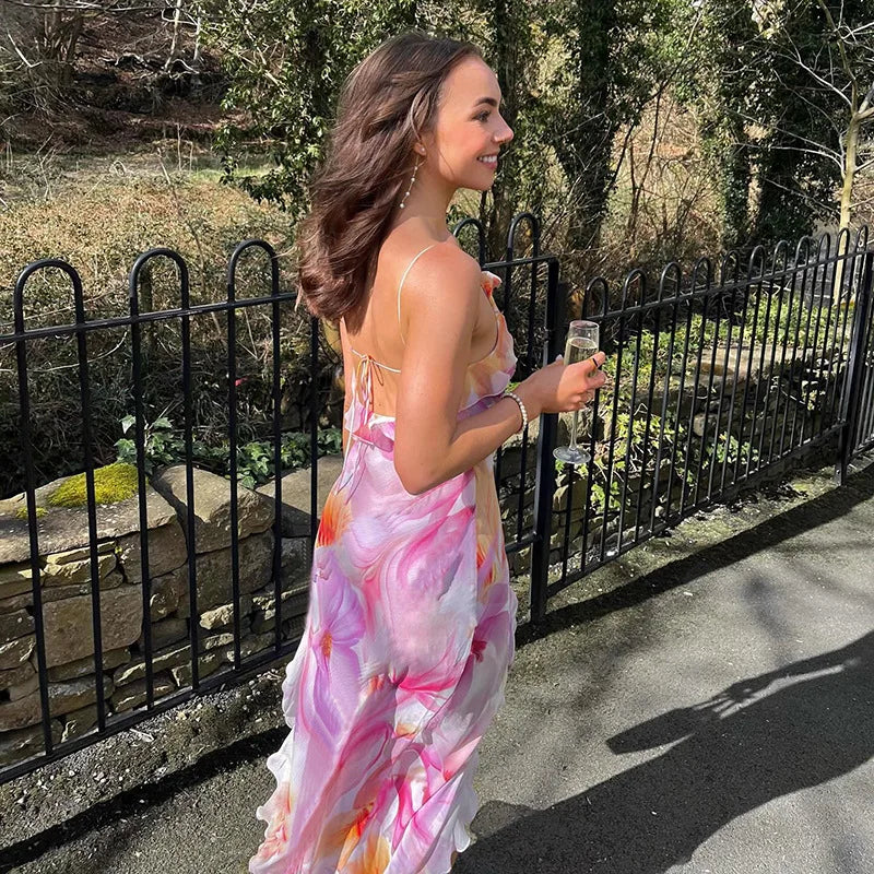 Floral Print Ruffle Backless Split Long Dress Summer Resort Wear Sexy Elegant Dresses For Women Wedding Party Outfits