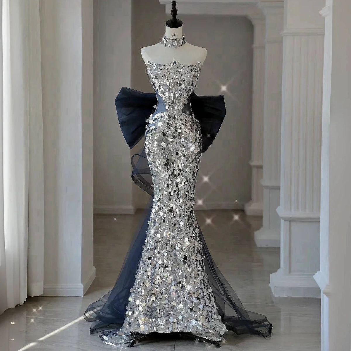 Silvery Shiny Sequins Prom Dresses Mermaid Removable Tulle Bow Trailing Ceremony Performance Party Backless Formal Evening Gowns