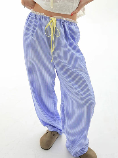 New Fashion Women Loose Pants Stripe Drawstring Elastic Waist Trousers Spring Summer Casual Sweatpants Hot Sale S M L