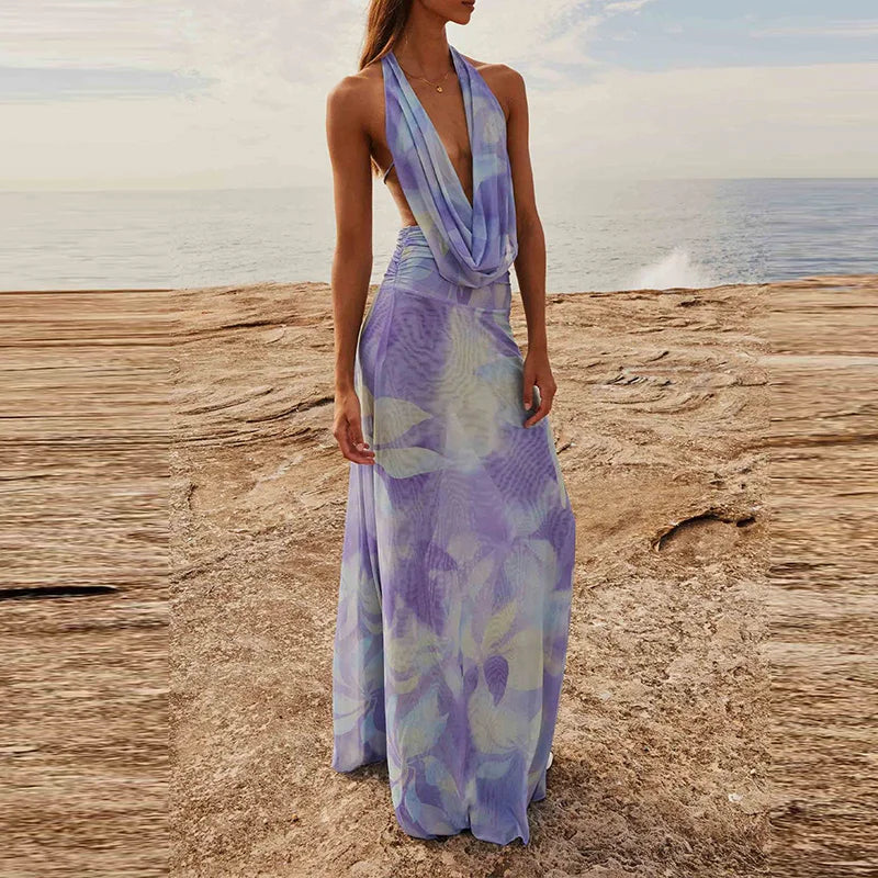 Sexy Sleeveless Printed Swinging Collar Tops&Half Skirts Sets Elegant Backless Vest High Waisted Skirts 2PC Sets Summer Outfits