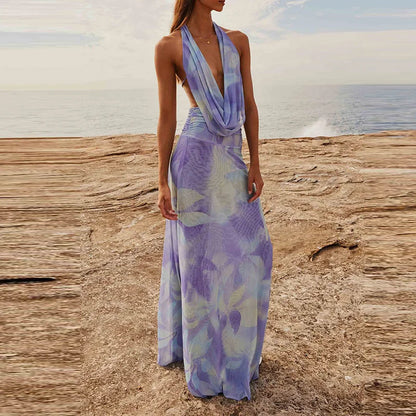 Sexy Sleeveless Printed Swinging Collar Tops&Half Skirts Sets Elegant Backless Vest High Waisted Skirts 2PC Sets Summer Outfits