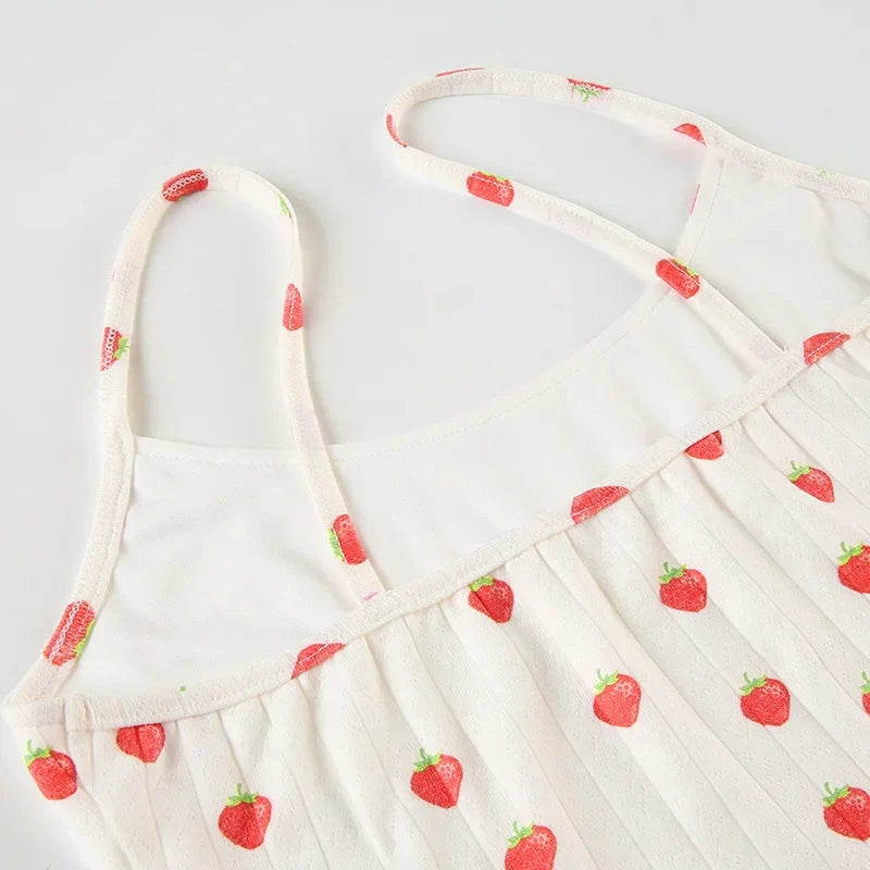 Strawberry Print Eyelet Two-piece Set Women Summer Sleeveless Slim Camis+Drawstring Pants Sets Home Cozy Sweet Casual Pajamas