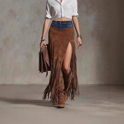 Womens Suede Skirt High Waist Midi Long Skirt with Tassel Splicing and Irregular Imitation Denim Hem Slit Casual Wear Long Skirt