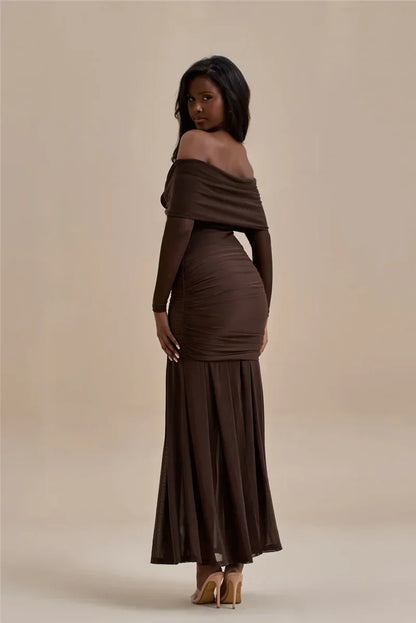 Off Shoulder Mesh Sleeve Ruched Rosette Applique Mermaid Maxi Dress