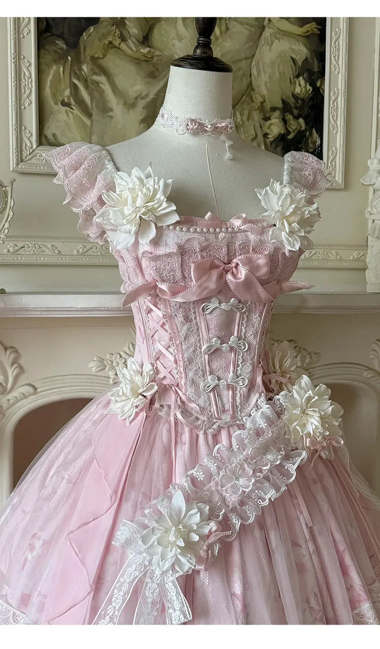 Summer New Women's Pink Green Flower Bow Slim Long Lolita Dress Coming-of-Age Birthday Banquet Princess Evening Dress