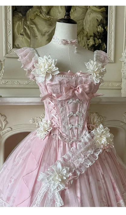 Summer New Women's Pink Green Flower Bow Slim Long Lolita Dress Coming-of-Age Birthday Banquet Princess Evening Dress