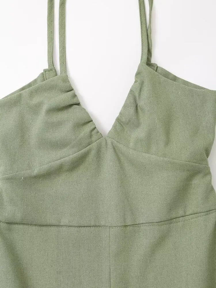 V-neck Green Slip Sexy Backless Dress For Summer Slim Slit Vacation Beach Long Dress Cotton Linen Blend Woman Clothing