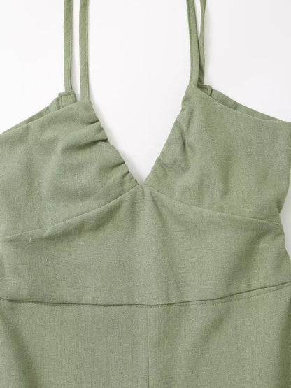 V-neck Green Slip Sexy Backless Dress For Summer Slim Slit Vacation Beach Long Dress Cotton Linen Blend Woman Clothing