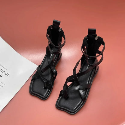 Cross Bandage Heeled Sandals Hollow Out Square Toe Flat Shoes For Woman Slingback Sandalias Mujer Verano 2024