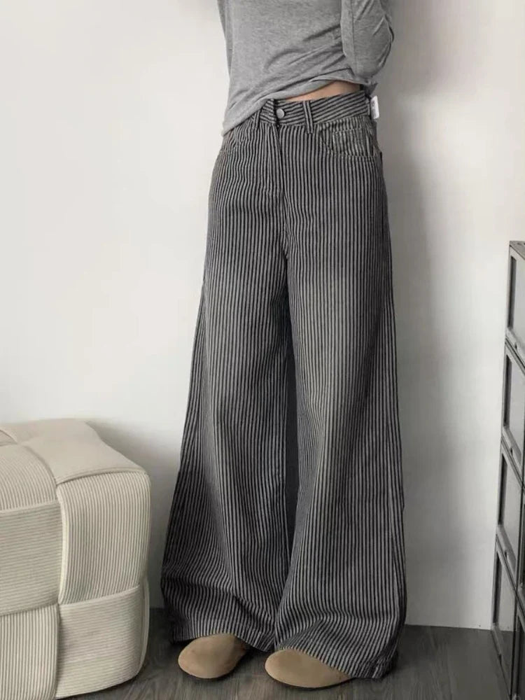 Y2k Vintage Striped Jeans Women Punk Hip Hop Grunge Baggy Denim Trousers High Waist Streetwear Straight Wide Leg Jeans