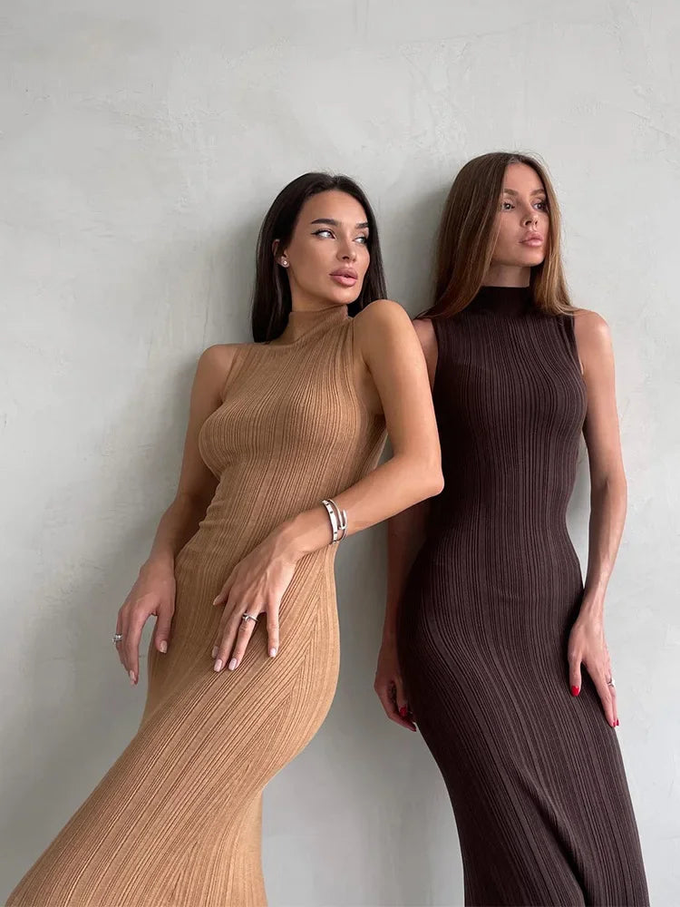 Spring Sleeveless Knitwear Turtleneck Long Dress Female Slim Elegant Fashion Autumn Ribbed Knit Dress For Women Maxi Dress