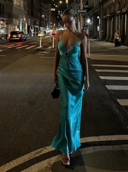 Sexy Satin Deep V Neck Hollow Out slim Long Dress Women Fashion backless High Waist Pleated Sling Robes 2024 Lady Party Vestidos