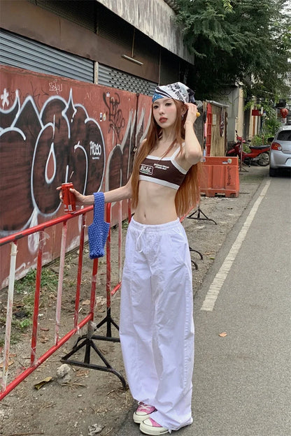 Casual Baggy Wide Leg Sweatpants White Loose Drawstring Low Waist Streetwear Cargo Pants Womens Hippie Joggers Trousers
