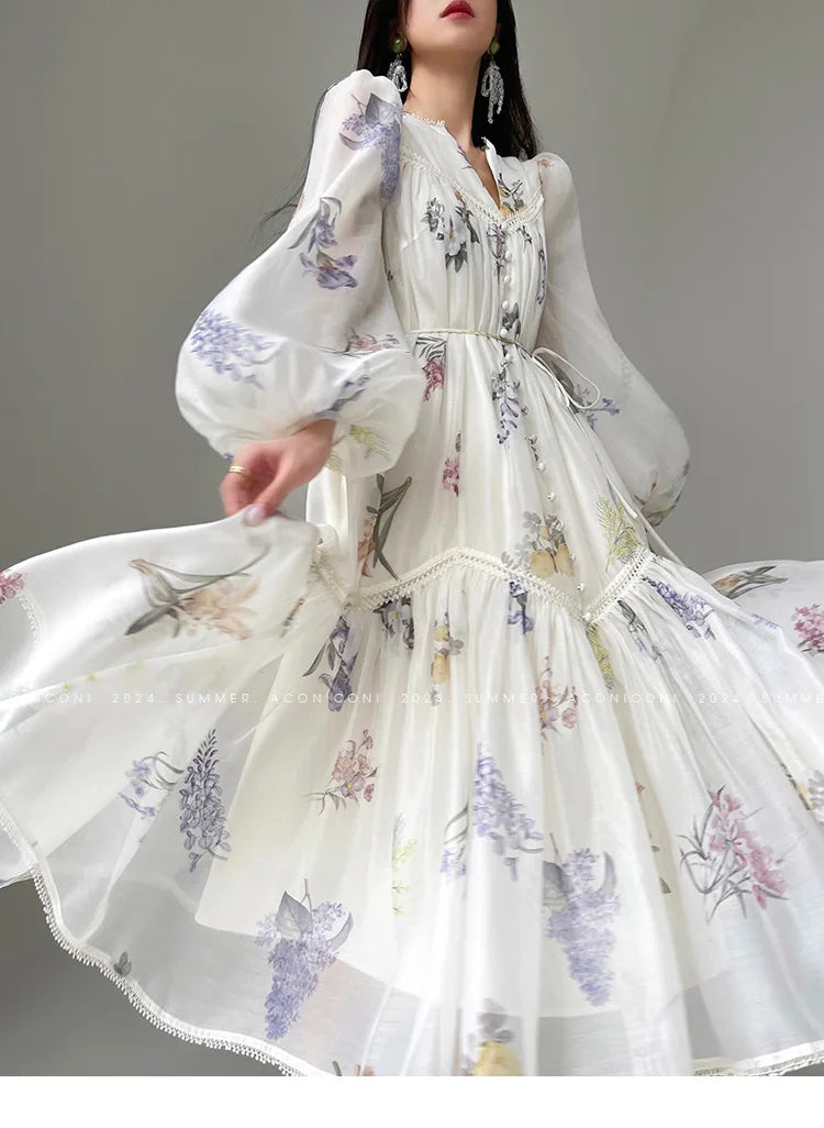 High Quality Fashion Vintage Women Spring Autumn Print Flower V Neck Lantern Sleeve Boho Casual Party Holiday Dresses