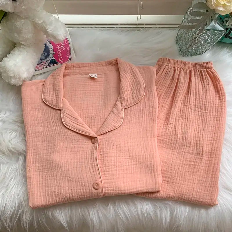 Cotton Comfort Sleepwear Casual Women Pajamas Spring Summer Cherry Print Cute Lapel Button Shirts And Pant Two Piece Sets
