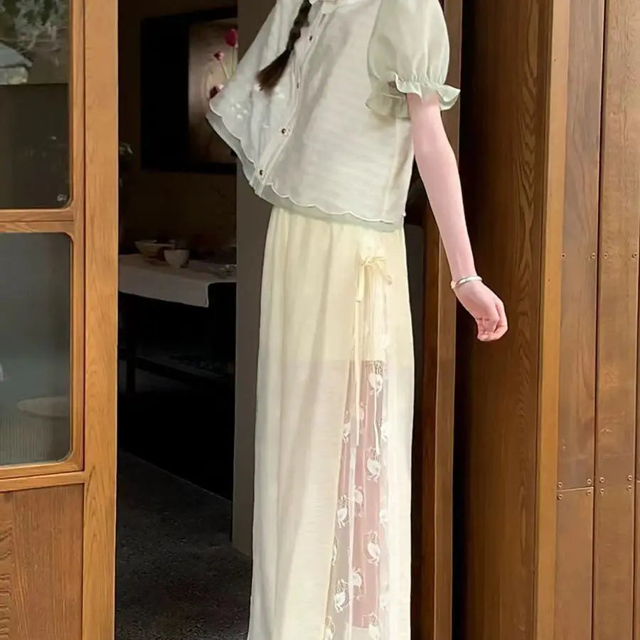 Cream Patched Lace Wide Leg Pants Cat Embroidered Chinese Style Sweet Short Sleeve Blouses Summer Two Piece Set Women Outfits