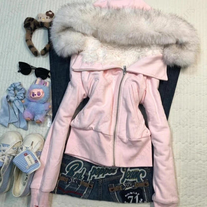 Pink Hoodie 2000s Cute Clothes Spicy Girls Streetwear High street Classic Minimalist Unique Casual Jacket Faux Fur Collar Hoody
