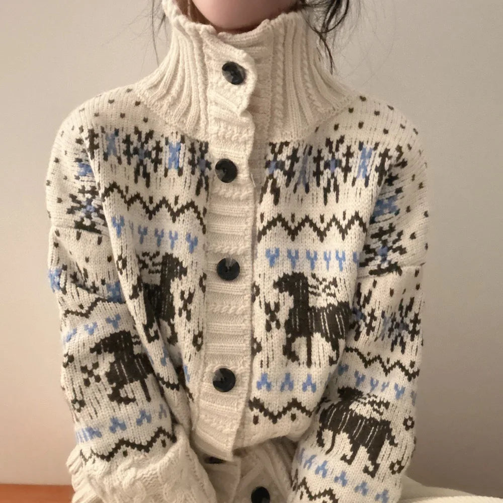 Retro Gentle Style Stand Collar Single Breasted Christmas Knitted Top Elk Jacquard Long Sleeve Sweater Jacket Cropped Cardigan