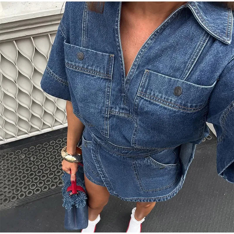 Classic Denim V-neck Shirt Mini Skirt Set Women Vintage Loose Lapel Tops Irregular A-lined Skirts Sets Female Chic Street Outfit