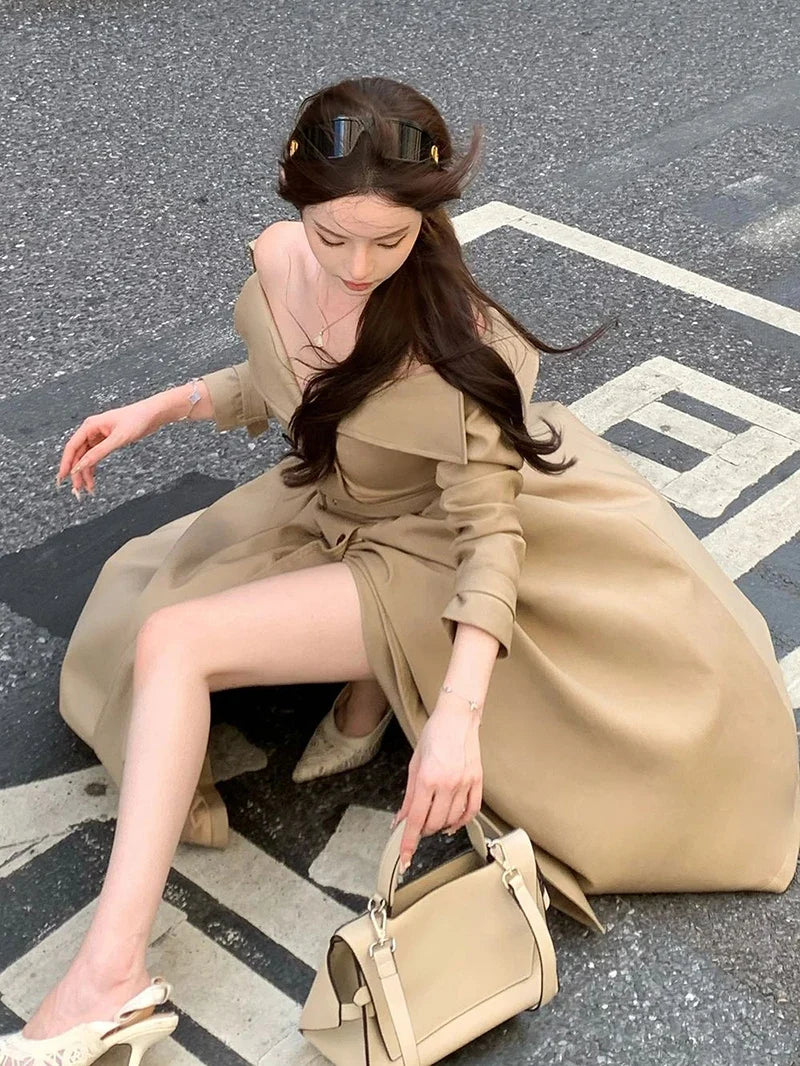 Long Trench Coat Women Streetwear Belt Sexy Off Shoulder Jackets Korean Double Breasted Outerwears Fall Winter Fashion Overcoat