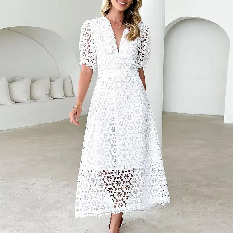 Sexy Deep V Lace Hollow Crochet Solid color Party Dresses Summer Elegant Women Temperament Waist Cinching A-Line Maxi Dress 2025