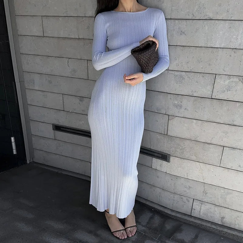 Rib Knit Crew Neck Long Sleeve Bodycon Maxi Dress