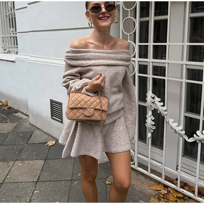 Elegant Solid Color Cashmere Women's Mini Skirt Suits One Neck Off Shoulder Long Sleeved Sweater Sets Lady High Street Outfits