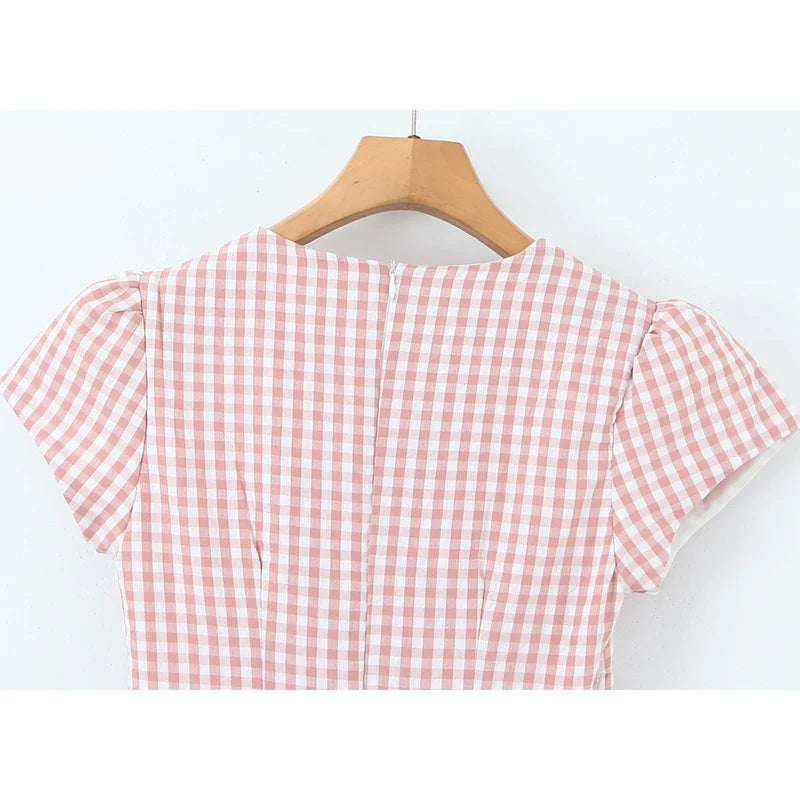 Casual Short Plaid Dresses For Women Vintage Puff Sleeve V Neck A-line Mini Vacation Dress 2026 Summer Robe