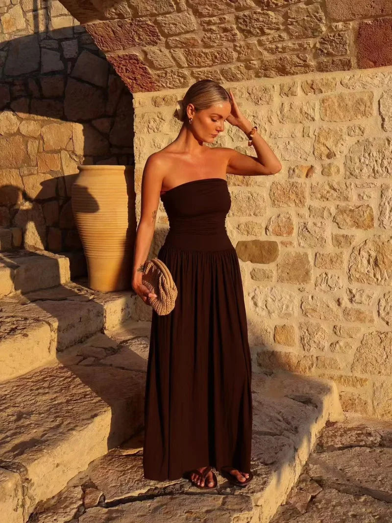 2025 traf women's new dress elegant sexy off-shoulder fashion pleats details slimming strapless dress