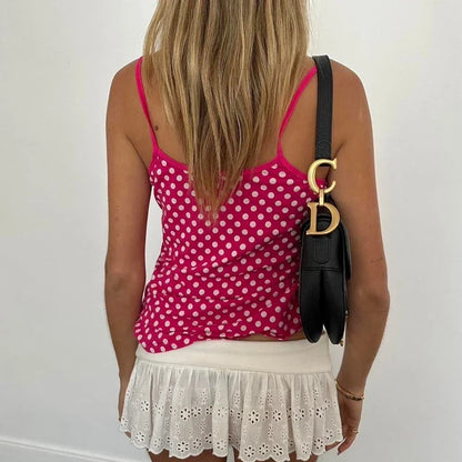 Vintage Polka Dot Lace Trim V Neck Cami Top