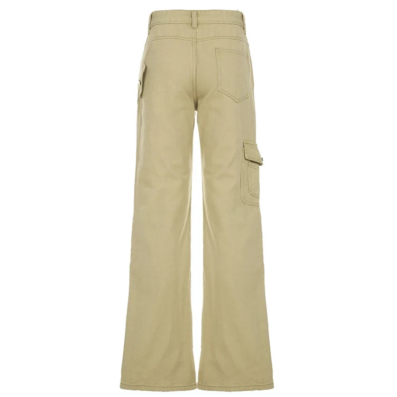Y2K Casual Women Straight Jeans Khaki Fashion Pocket Cargo Pants Retro 90s Loose Denim Trousers Spring High Street