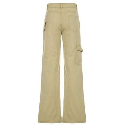 Y2K Casual Women Straight Jeans Khaki Fashion Pocket Cargo Pants Retro 90s Loose Denim Trousers Spring High Street