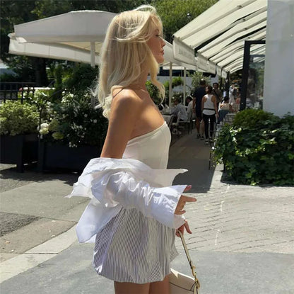 Elegant Contrast Color Strapless Backless Striped Dress Slim Fit For Women Patchwork Folds Vest Dress Party Club Clothes