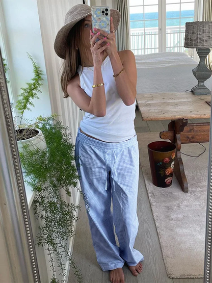 Checkered Loose Casual Long Pants For Women's Fashion Lace Up Button Versatile Low Rise Trousers Lounwear Y2K Outerwear