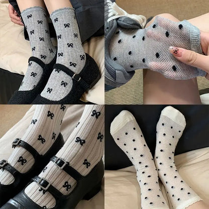 Summer Thin Bow Dot Lace Mid Tube Socks Versatile Mesh Hollow College Style Sweet Stacked Socks Japanese JK Calf Socks for Women