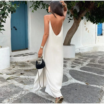 Sexy Backless Women's Side Split Loose Maxi Dress Fashion V-neck Sleeveless Sling Robe Female New Chic Vacation Vestido