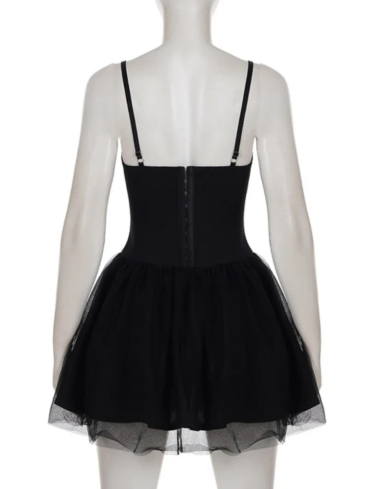 Gothic Black Bow Spaghetti Strap Dress Women Fashion Ruched V Neck Sleeveless Mesh Patchwork A Line Mini Dress Clubwear