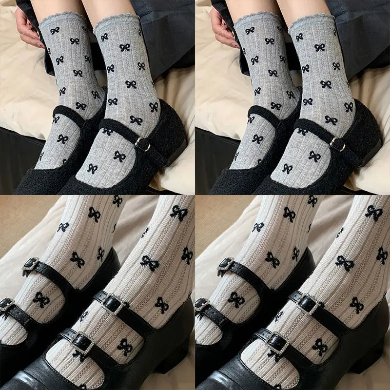 Summer Thin Bow Dot Lace Mid Tube Socks Versatile Mesh Hollow College Style Sweet Stacked Socks Japanese JK Calf Socks for Women