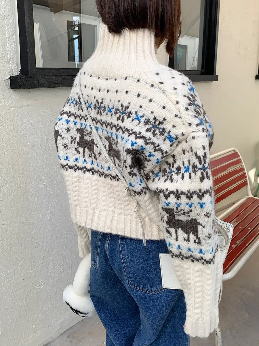Retro Gentle Style Stand Collar Single Breasted Christmas Knitted Top Elk Jacquard Long Sleeve Sweater Jacket Cropped Cardigan