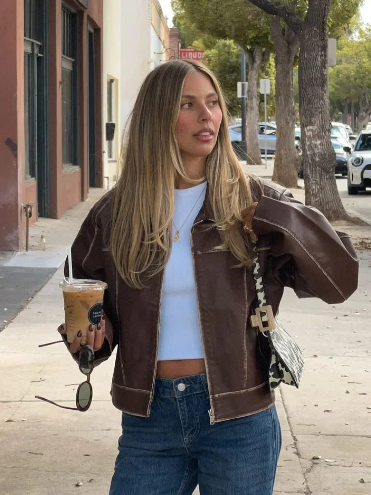 Women Solid Zipper Leather Jacket Fashion Patchwork Lapel Collar Long Sleeve Loose Overcoat Female Autumn High Street Outerwear