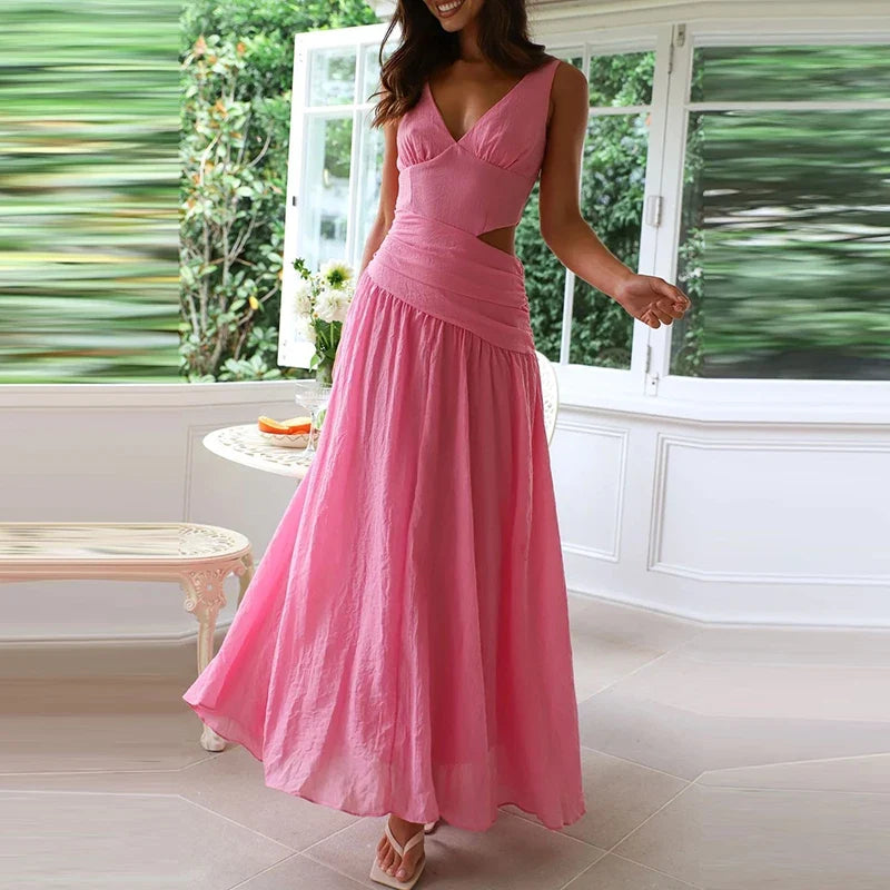Simple Solid Color Hollow Backless Women's Dress New Summer Casual Sleeveless Pleated Long Dress Fashion Lady V-neck Robe Dress