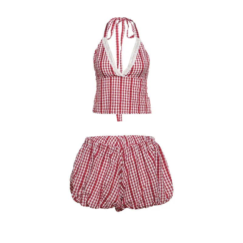 Sweet Striped Print 2-Piece Set Women Bandage Halter v-Neck Patchwork Lace Backless Vests+Folds Puffy Hem Shorts Suits