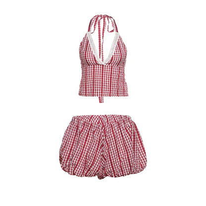 Sweet Striped Print 2-Piece Set Women Bandage Halter v-Neck Patchwork Lace Backless Vests+Folds Puffy Hem Shorts Suits