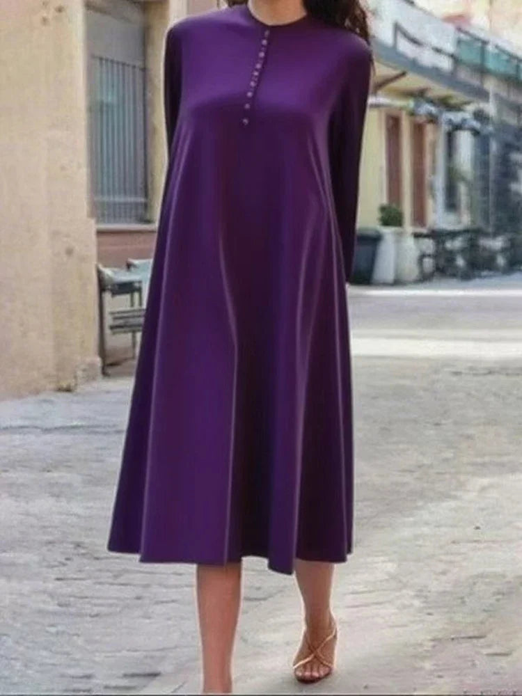 Casual O-neck Long Sleeve Velvet Maxi Dress Temperament Solid Color Loose Party Robes Lady Simple Pleated Commute A-line Dresses