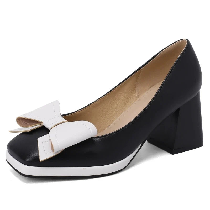 Sweet Bow-tied Women's Heels Shoes Elegant Blue Red Block Medium Heel Pumps Large Size Office Party Wedding Shoes