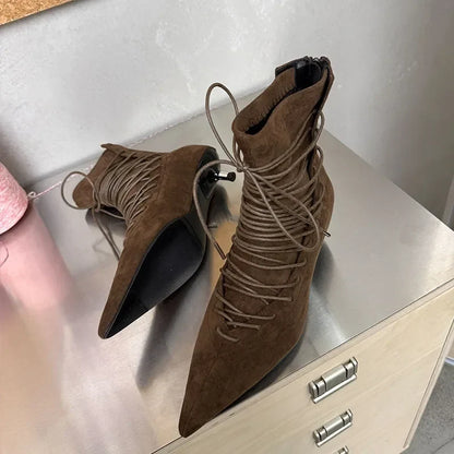 Fashion Pointed Toe Lace Up Ankle Boots Women High Quality Faux Suede Kitten Heel Designer Boot Comfort Back Zipper Modern Boots