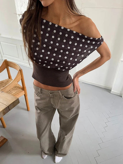 Backless Polka Dot Crop Tops Women Vest Fashion Summer New Oblique Shoulder Sleeveless Tank Tops Pullovers Female