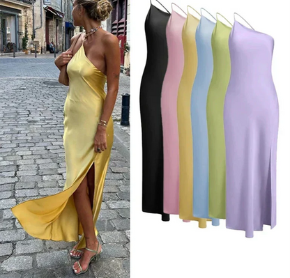 Asymmetric Strap Backless Slit Satin Maxi Dress