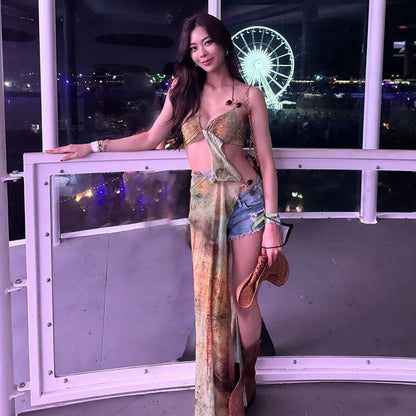 Tie Dye Print Women Sexy Vacation Maxi Dress Cut Out Lace Up Halter Backless Split Club Party Long Robe Beach Outfits Vestidos